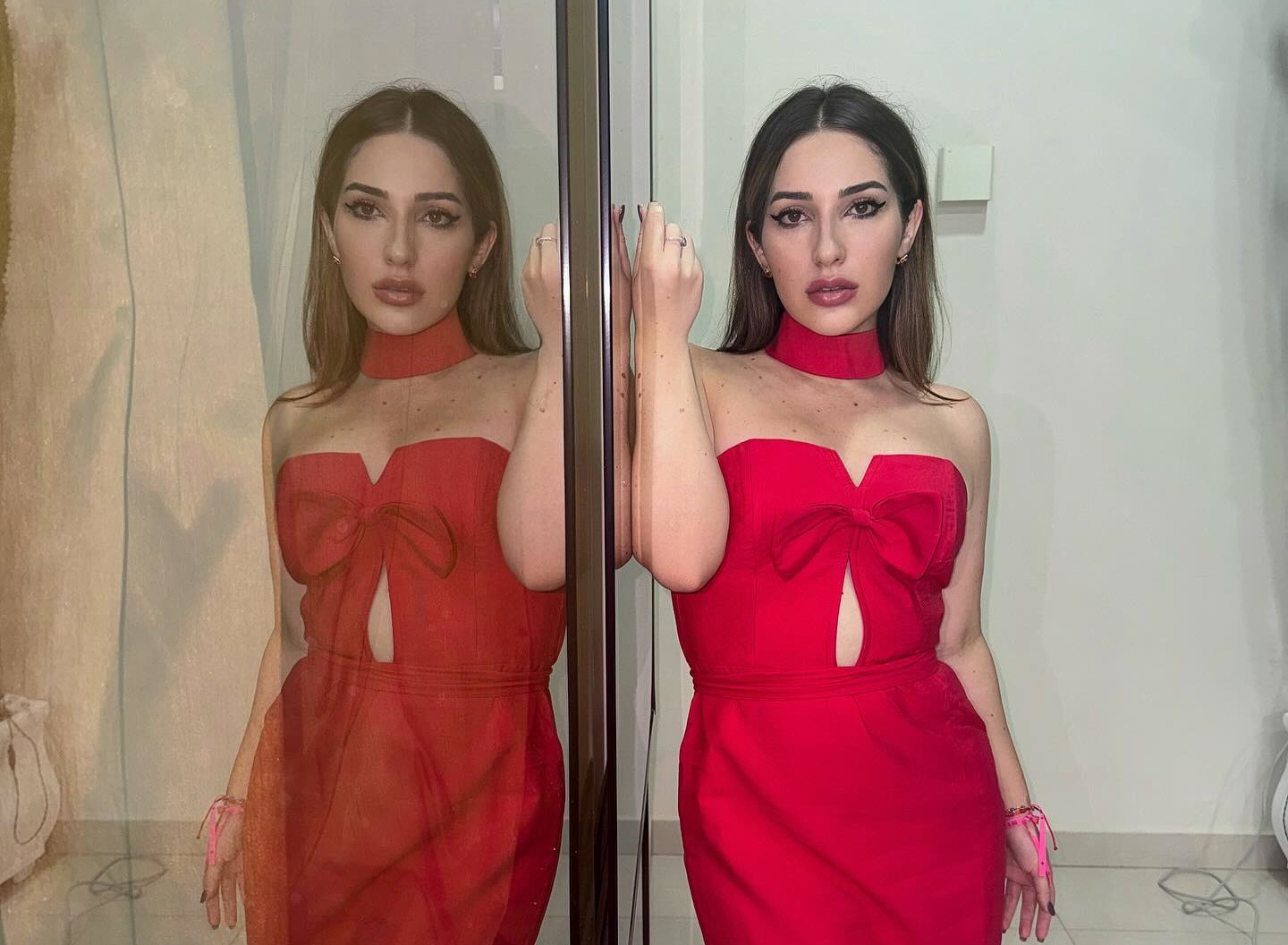 Amanda Meirelles com vestido vermelho capa